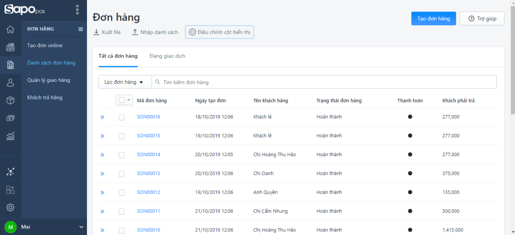 Giao diện phần mềm quản lý bán hàng Sapo